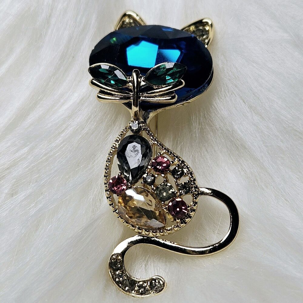 Cat Siluet pin Large Blue faceted Gemstone & Rhinestones 2.5 in Statement Brooch - Picture 5 of 10